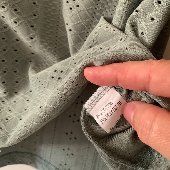 Hello Pink, Notched Flounce Sleeve Eyelet Top. Sage Green, easy flowing shirt - Picture 5 of 7